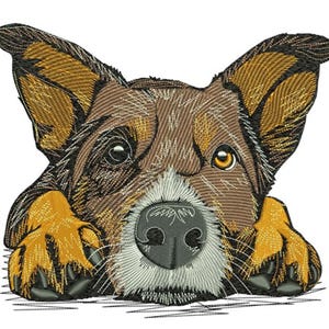 May include: Embroidered image of a dog's face, featuring brown, tan, and black thread. The dog has large, floppy ears, a black nose, and expressive eyes. The paws are visible at the bottom, giving the impression of the dog resting.