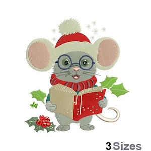 May include: A gray mouse wearing a red and white Santa hat and glasses holds a red and beige book. The mouse is surrounded by green holly leaves and red berries.