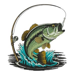 May include: An illustration of a largemouth bass leaping out of the water, hooked by a fishing rod. The fish is green and black with yellow fins, and the water is depicted in shades of blue. The fishing rod is brown.