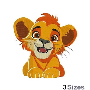 May include: A cartoon illustration of a smiling orange and brown lion cub with a red mane. The lion cub is looking at the viewer with its mouth open and tongue sticking out.