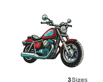 May include: A red, blue and black motorcycle with a chrome exhaust pipe. The motorcycle has a large front tyre and a smaller rear tyre.