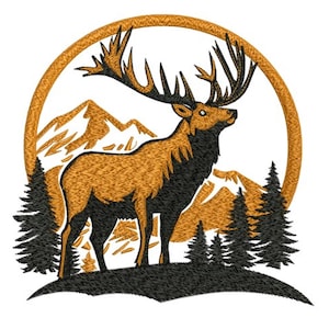 May include: An embroidered design featuring a majestic elk with large antlers, set against a backdrop of mountains and pine trees. The elk is colored in shades of brown and black, framed by a golden circle, and set on a black base.