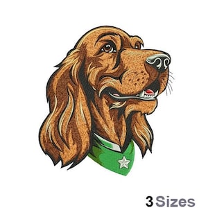 Pode incluir: Desenho bordado de um cão castanho e branco com uma coleira verde e branca. O cão está olhando para a direita e tem uma expressão feliz. O design é perfeito para projetos de bordado.