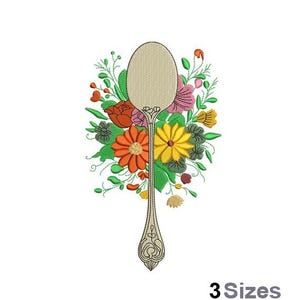 May include: Embroidered design of a silver spoon with a bouquet of colorful flowers, including orange, yellow, pink, and green.