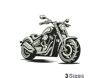May include: Black and white embroidered motorcycle design. The image shows a detailed illustration of a classic motorcycle, featuring a headlight, handlebars, and a large front wheel. The text "3 Sizes" is at the bottom.