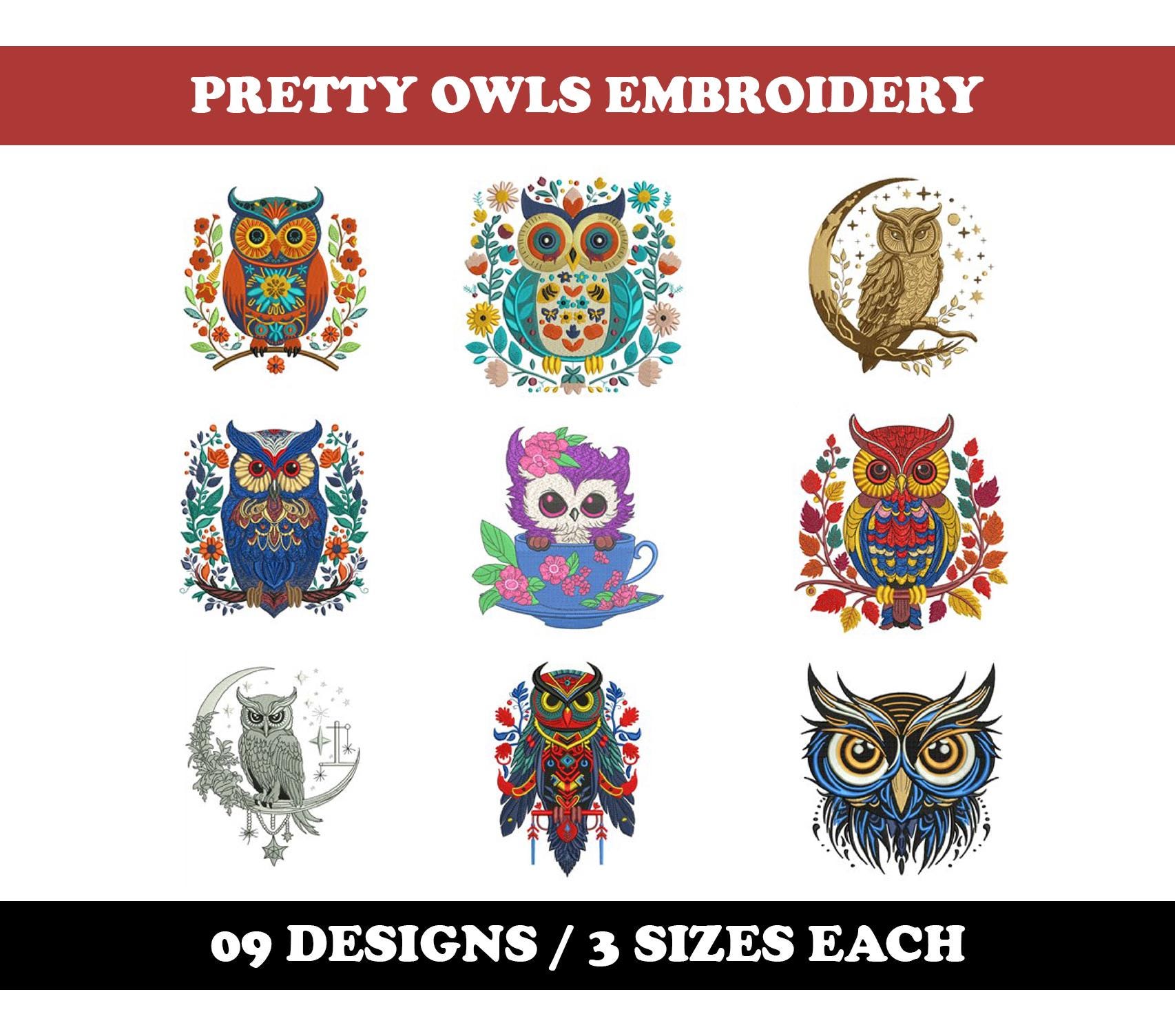 Pretty Owls (9 Designs) - Machine Embroidery Bundle, Hoot Owl patterns, Wood Owls