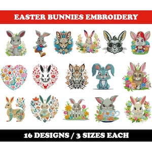 Easter Bunnies (16 Designs) - Machine Embroidery Bundle, Spring floral Bunnies
