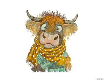 May include: An embroidered image of a cartoon Highland cow with a surprised expression. The cow has brown fur, large eyes, and a yellow scarf with white polka dots. It is wearing a teal shirt.