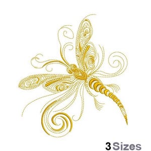 May include: A gold embroidered design of a dragonfly with intricate details and swirling patterns.