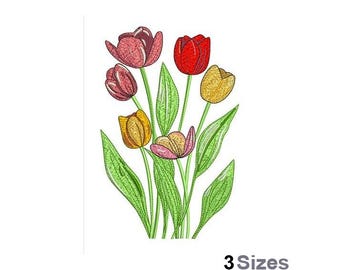 Vibrant Tulip Flowers - Machine Embroidery Design - 3 Sizes