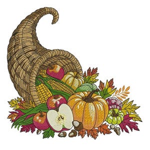 May include: An embroidered cornucopia overflowing with autumn harvest items. The basket is filled with apples, corn, pumpkins, and gourds. Colourful leaves and nuts surround the cornucopia, creating a festive autumn scene.