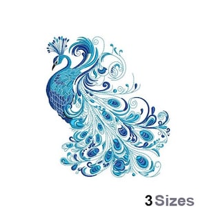 Puede incluir: Un pavo real azul con un diseño detallado e intrincado. Las plumas de la cola del pavo real están extendidas en forma de abanico, creando un patrón hermoso y elegante.