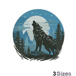 May include: A black wolf silhouette howling at the moon in a blue and white landscape with trees.