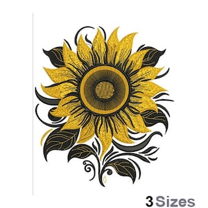 May include: A gold and black embroidery design of a sunflower with intricate details. The sunflower has a large, round center with black petals and a yellow center. The sunflower is surrounded by black leaves and swirls.