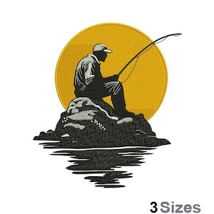 Puede incluir: Una silueta de una persona pescando desde una roca con una caña de pescar. La persona está sentada en la roca con un sol amarillo detrás de ella.