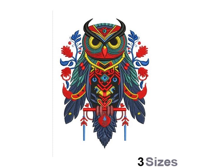Folk Art Owl - Machine Embroidery Design - 3 Sizes