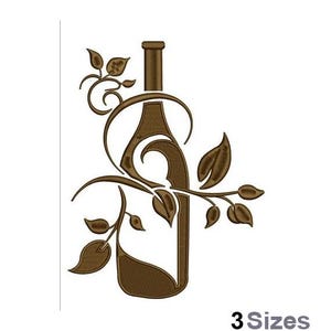 Puede incluir: Una botella de vino marrón con un diseño de vid decorativo. La botella está rodeada de hojas y espirales.