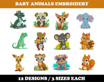 Baby Tiere (12 Designs) - Maschinenstickerei, süße Tiere, Niedliche Wildtiere Muster