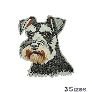 May include: Embroidered patch of a black and gray miniature schnauzer dog with brown eyes. The dog is looking directly at the viewer.