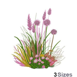 May include: Embroidered design of a pink and green floral arrangement with a variety of flowers and grasses. The design features pink flowers with a round shape and green leaves.