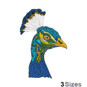 May include: Embroidered design of a peacock's head with a blue, green, and yellow patterned design. The peacock has a blue crest and a yellow beak.