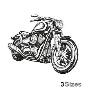 Peut inclure: Illustration en noir et blanc d'une moto. La moto a une grande roue avant et une roue arrière plus petite. La moto a un moteur et un tuyau d'échappement détaillés.