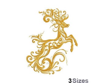 May include: A gold-colored, ornate, stylized reindeer with intricate swirls and flourishes. The reindeer is jumping and has a large, elaborate antler design.