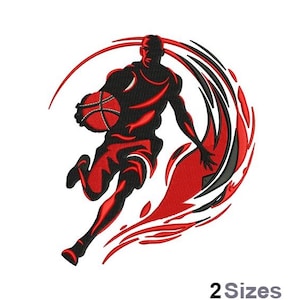 Può includere: Silhouette rossa e nera di un giocatore di basket che palleggia una palla con un design a spirale rosso e nero dietro di lui.