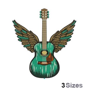 Può includere: Una chitarra acustica verde con ali marroni. La chitarra ha un foro sonoro dorato e un battipenna marrone.