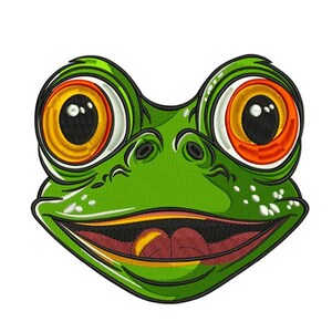 May include: A green frog face with large, expressive eyes and a wide, open mouth. The eyes are yellow and orange with black pupils. The frog's skin is textured, and the mouth is a deep red color. The design is a cartoon style.