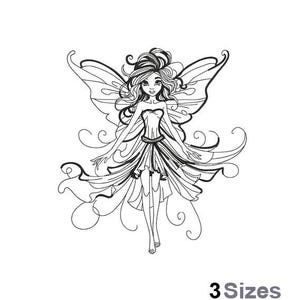 May include: A black and white line drawing of a fairy with wings and a flowing dress. The fairy is standing with her arms outstretched and her hair is flowing in the wind.