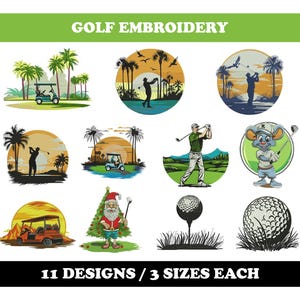 Golf (11 wzorów) - Zestaw do haftu maszynowego, Wózek golfowy, Wzory golfowe