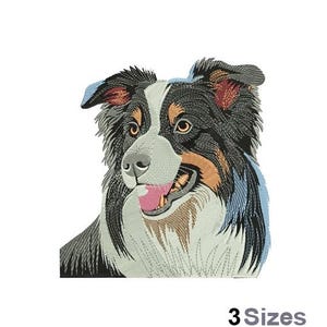 Può includere: Disegno ricamato di un border collie bianco e nero con segni marroni intorno agli occhi. Il cane guarda a destra e ha la lingua di fuori.