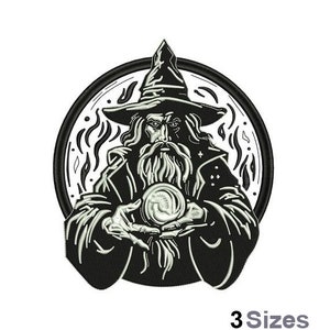 May include: Black and white illustration of a wizard with a long beard holding a crystal ball. The wizard is wearing a pointed hat and a robe. The illustration is set against a background of flames.