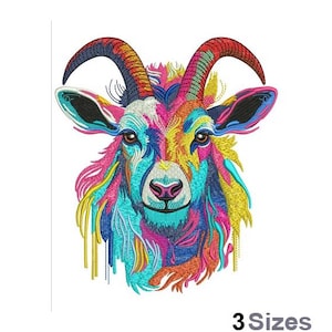 May include: An embroidered design of a goat's head with long, flowing horns. The goat's fur is a mix of pink, blue, yellow, and green.