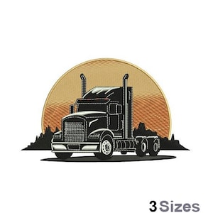 Peut inclure: Un camion semi-remorque noir sur fond de coucher de soleil. Le camion roule vers le spectateur. Le camion a une grande cabine et une longue remorque. Le coucher de soleil est orange et jaune. Le camion est un symbole populaire de l'industrie du camionnage américaine.