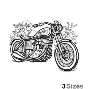 Może przedstawiać: Czarno-biała ilustracja liniowa motocykla z kwiatami. Motocykl ma duże przednie koło i mniejsze tylne koło. Kwiaty są stylizowane i mają prosty wzór.