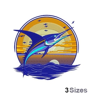 May include: An embroidered design of a blue marlin jumping out of the water with a sunset in the background. The marlin is outlined in black and has a yellow fin. The sunset is orange and yellow with clouds. The water is blue and white.