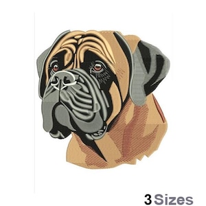 May include: Embroidered design of a brown and black dog with a short, wrinkled muzzle. The dog's eyes are brown and the ears are floppy. The design is suitable for embroidery projects.
