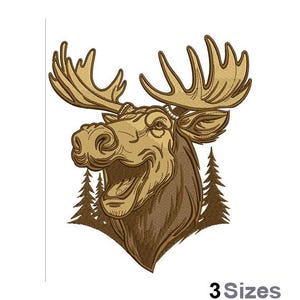 May include: A detailed illustration of a smiling moose head with large antlers. The moose is brown and tan, with a detailed texture. Two pine trees are behind the moose. The text "3 Sizes" is at the bottom.