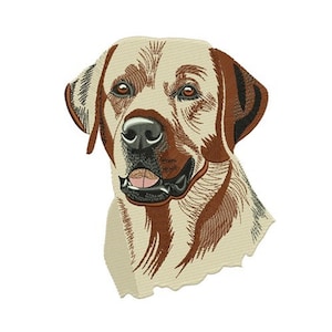 May include: Embroidered patch of a Labrador Retriever dog's head. The dog has brown eyes, a black nose, and a tan and brown coat. The dog's mouth is slightly open, revealing a pink tongue.