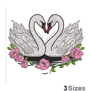 May include: Two white swans with their necks intertwined in a heart shape, surrounded by pink roses and green leaves.
