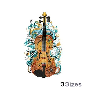May include: An embroidered design of a violin with intricate floral patterns in shades of blue, orange, and yellow. The violin is outlined in black and has a gold-colored tuning peg.
