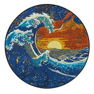 May include: Circular embroidered patch featuring a stylized ocean wave design. The wave is depicted in shades of blue and white, with a sunset in orange and yellow. The design includes stars and a dark blue background.