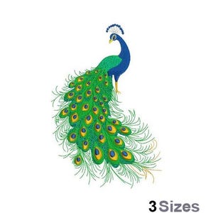 May include: An embroidered peacock design with a blue head and neck, green body, and a large, flowing tail of green and yellow feathers. The text "3 Sizes" is at the bottom.