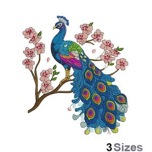 May include: Embroidered design of a colorful peacock with a blue tail perched on a branch with pink flowers. The design is perfect for embroidery projects.