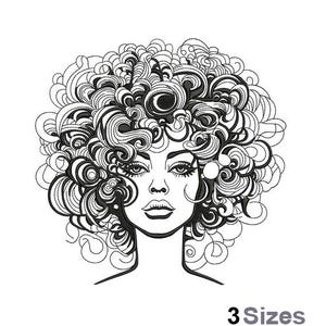 Puede incluir: Ilustración en blanco y negro de una mujer con un gran peinado afro rizado. El rostro de la mujer es visible, con ojos grandes y un labio completo ligeramente entreabierto.