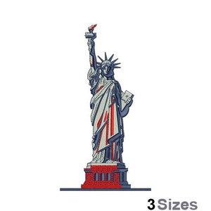 May include: Embroidered design of the Statue of Liberty in blue, red, and white. The statue is standing on a red base with a white border.