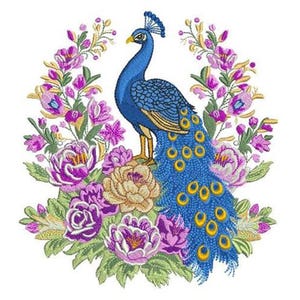 May include: Embroidered design featuring a blue peacock with a detailed tail, standing amidst a floral arrangement of purple, pink, and yellow flowers. The peacock has a crest and is surrounded by a floral wreath.