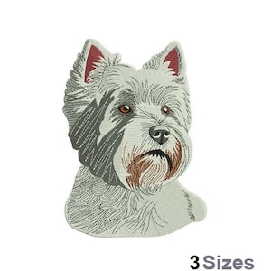May include: Embroidered design of a white West Highland Terrier dog with grey fur and brown markings. The dog is looking directly at the viewer.